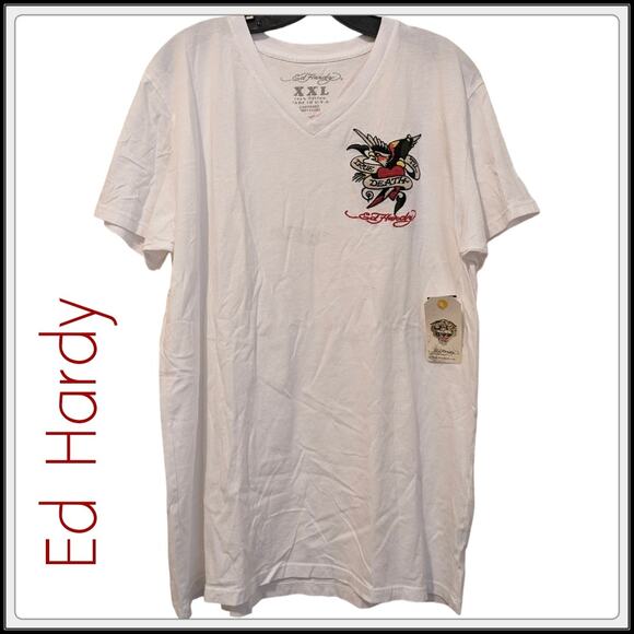 NEW White ED HARDY  True Til Death V Neck T-Shirt Men Women XL - Picture 1 of 7